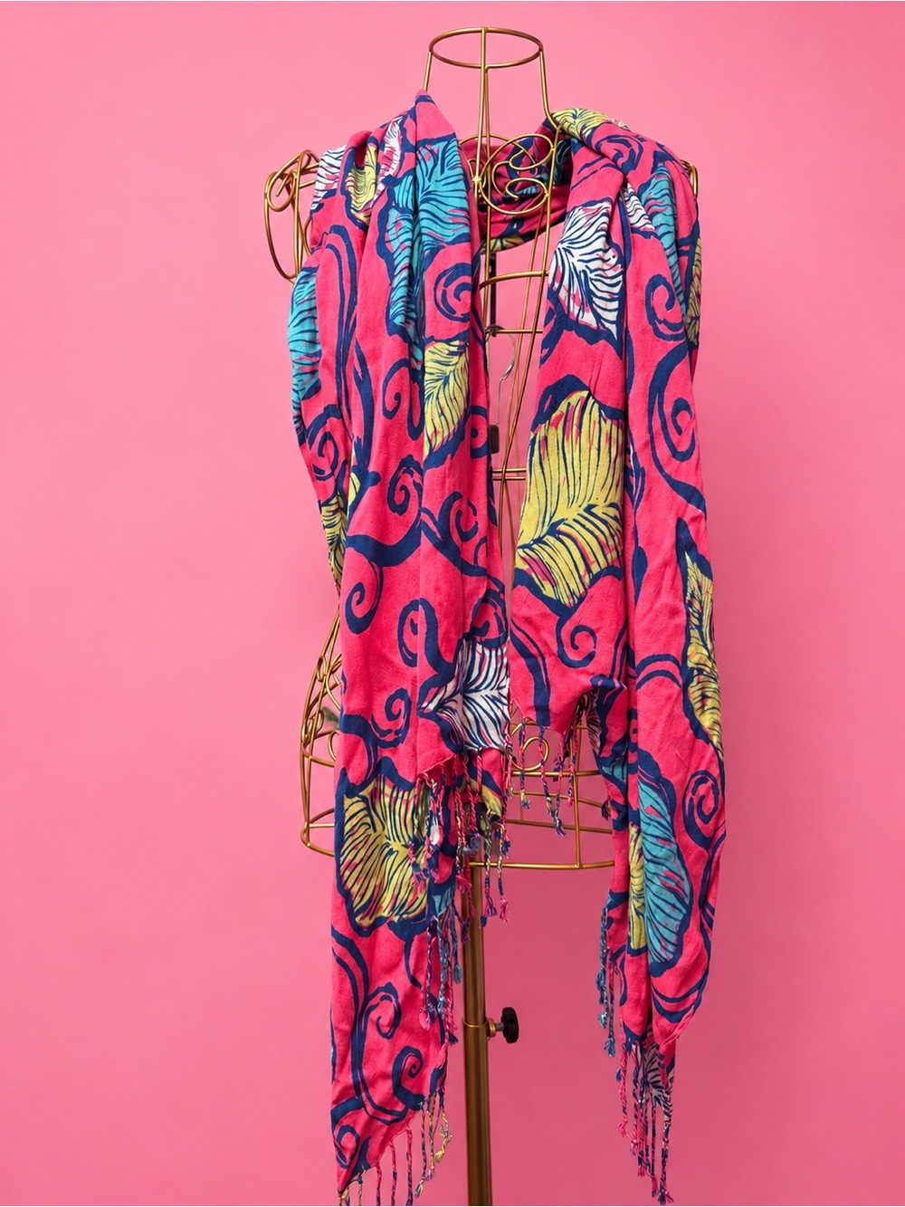 Lilly Pulitzer Pink Tropical Leaf Sarong with Blue & Yellow Accents scarf